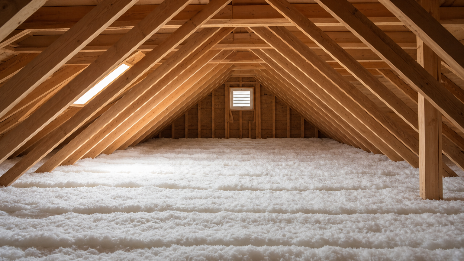 Finished attic with new fiberglass insulation installed, showing clean white insulation and wooden beams in a bright, organized space
