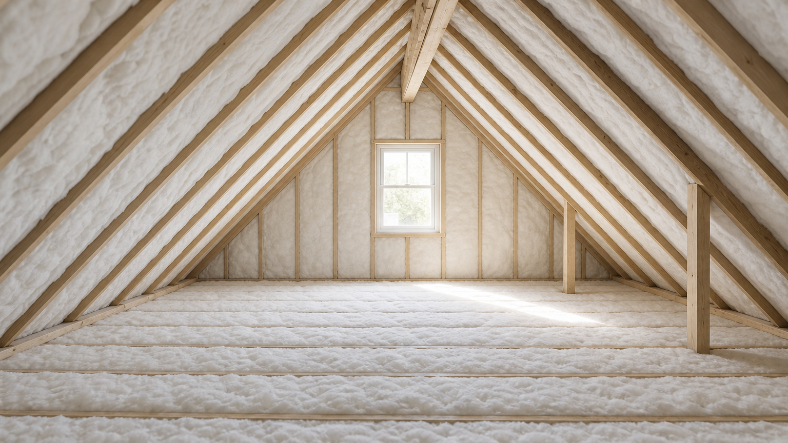 Restored attic featuring freshly installed white fiberglass insulation, clean floors and walls, soft natural light and modern, finished look