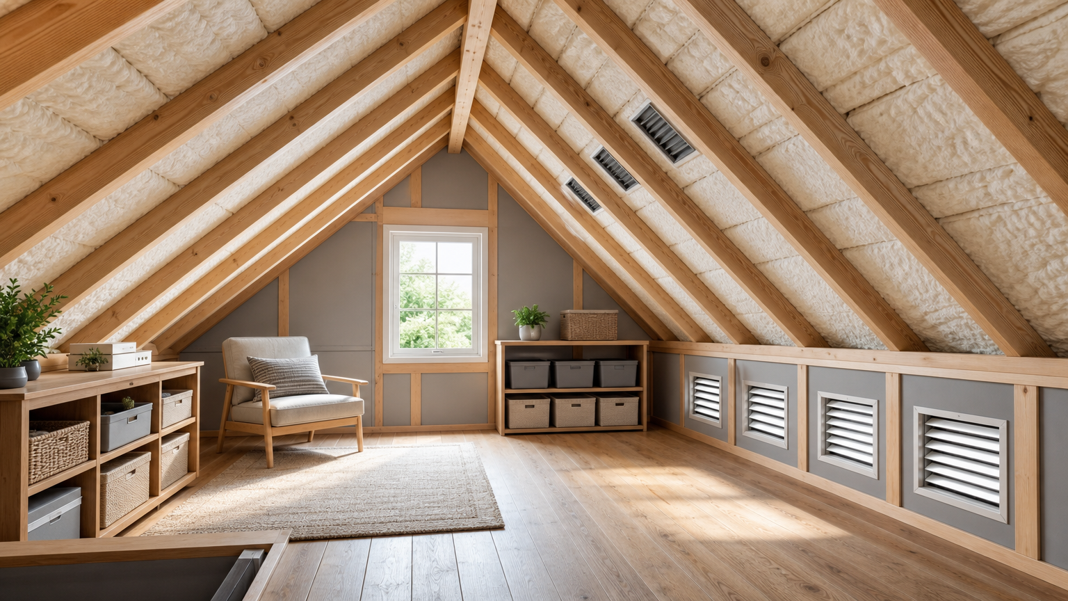 Finished attic with visible ventilation system and insulation installed by professional insulation contractor