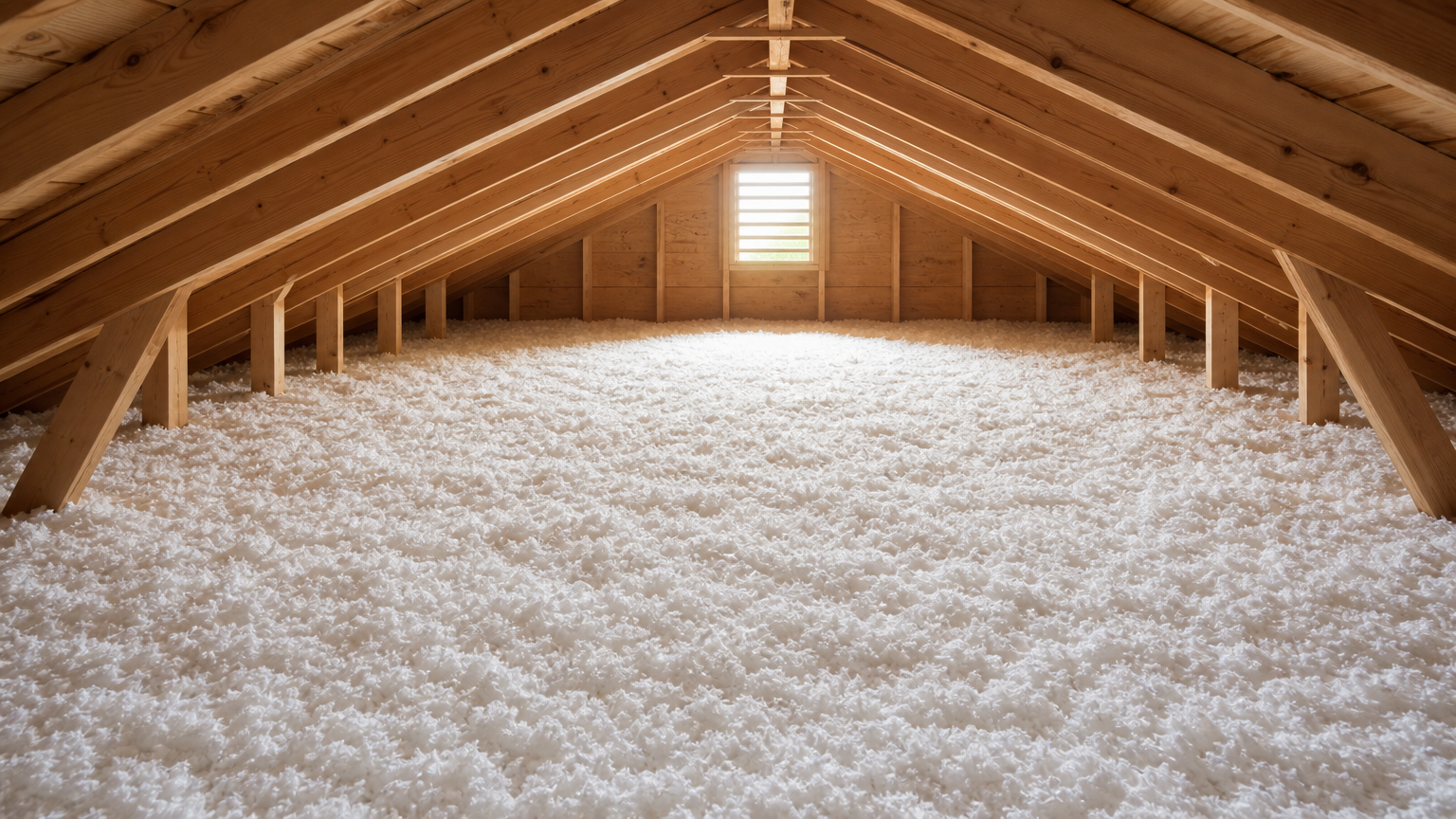 Freshly finished attic with clean, fluffy blown-in insulation covering the floor and natural wood beams overhead for insulation contractor