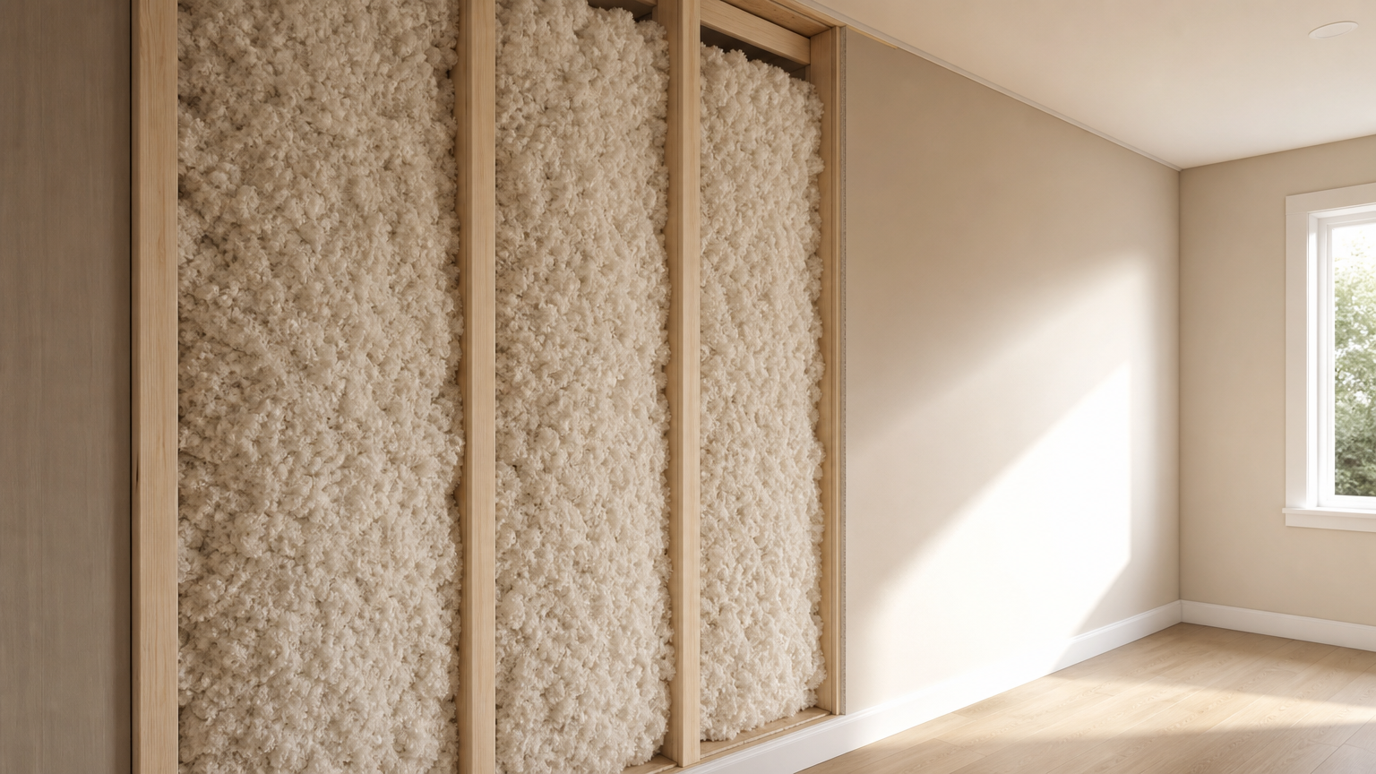 Blown-in wall insulation installed inside modern home walls, showing clean insulation between studs and smooth finished drywall