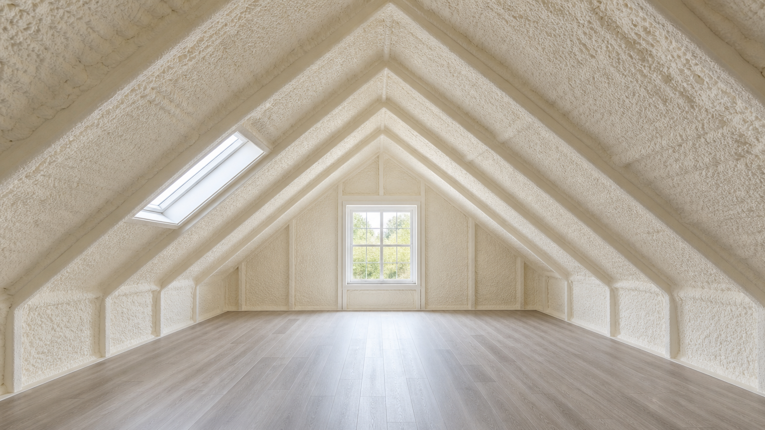 Finished attic with evenly applied closed cell spray foam insulation on roof and walls, showing a clean and energy-efficient result
