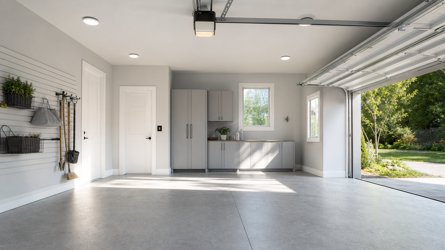 Finished garage interior with professionally insulated walls and ceiling, bright and organized, for insulation contractor service