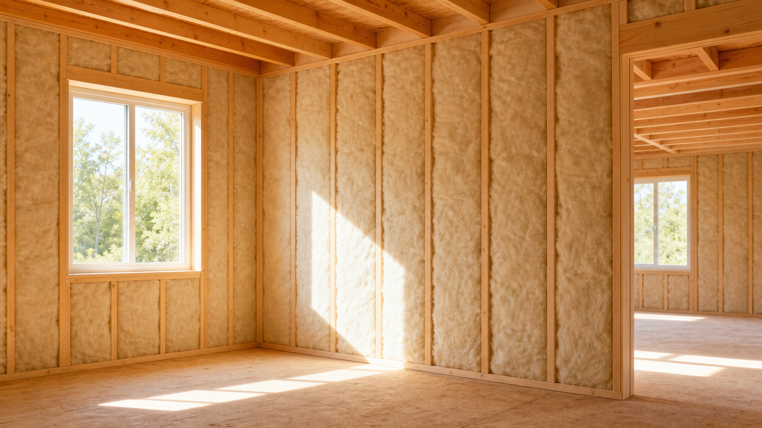 Evenly installed insulation in exposed walls of a new construction home with natural light, highlighting expert insulation work