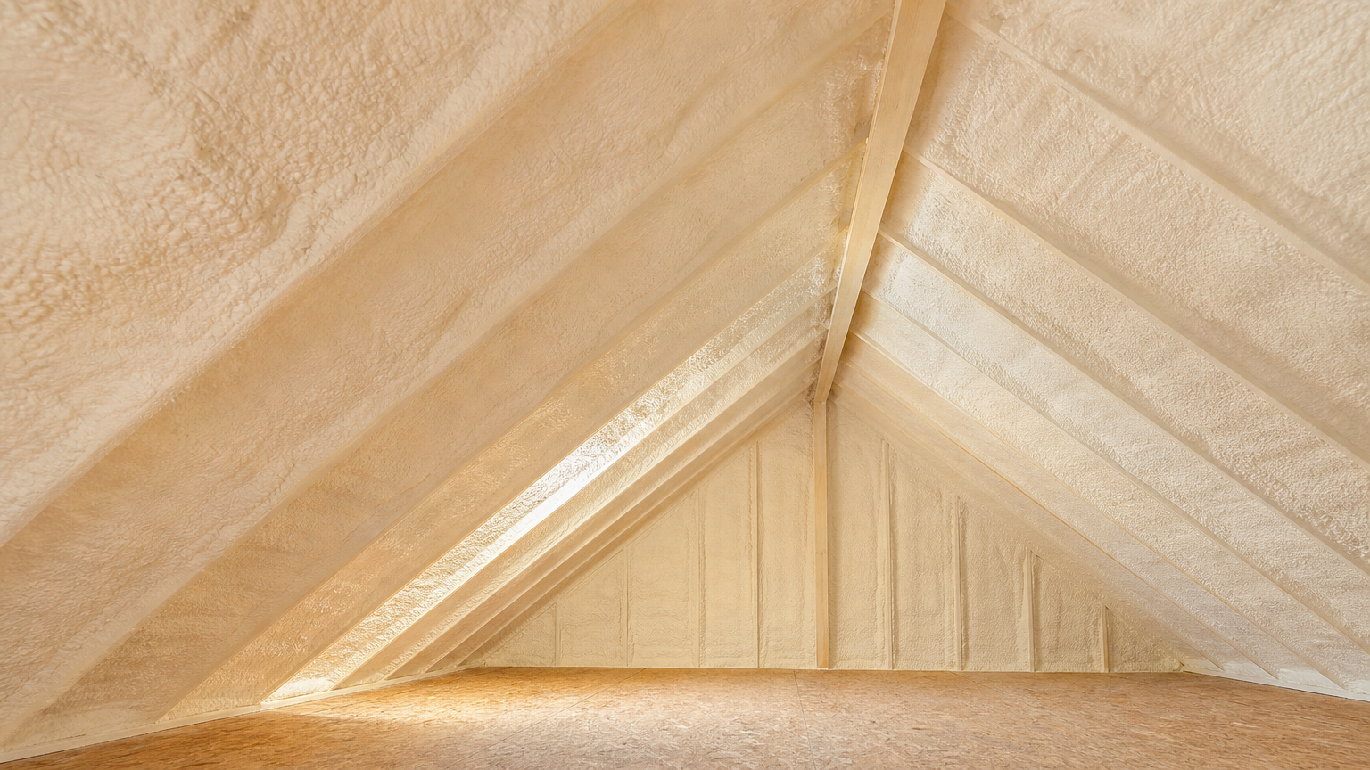 attic ceiling and walls fully covered in clean open cell spray foam insulation for a well-insulated finished look