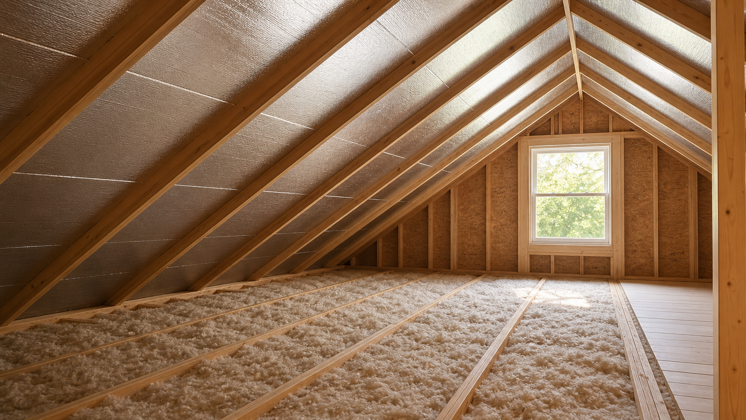 Attic featuring a professionally installed radiant barrier under the roof, showcasing reflective panels and finished insulation work by an insulation contractor