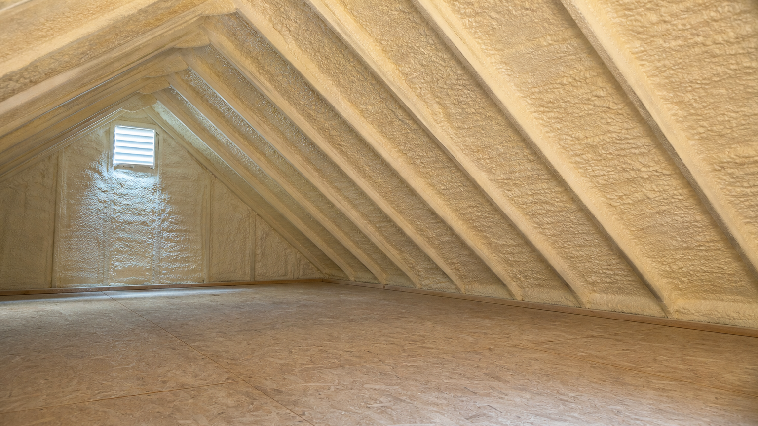 Attic with evenly applied spray foam insulation between rafters, creating a clean and energy-efficient space
